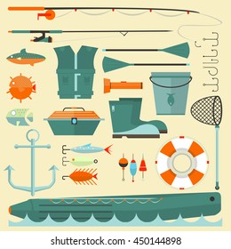 Big set of fishing elements. Flat design. Fishing hooks, rod, boat, anchor and other. Vector Illustration.