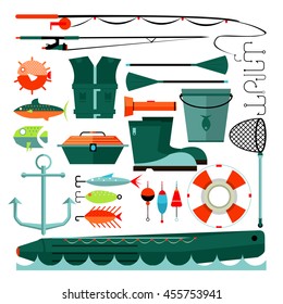 Big set of fishing elements. Flat design. Fishing hooks, rod boat, anchor and other. Vector Illustration.