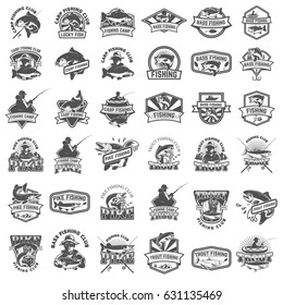 Big set of fishing icons. Carp, trout, bass, pike fishing. Design elements for logo, label, emblem, sign. Vector illustration.