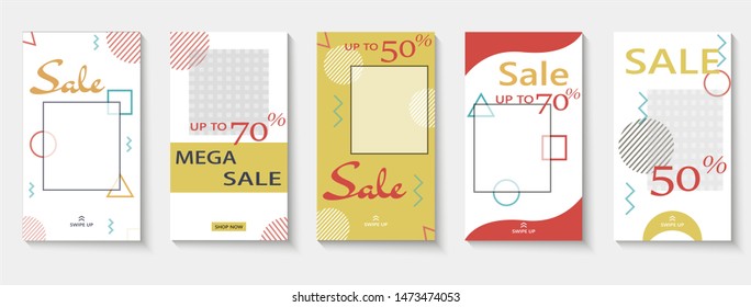 Big set of five templates in memphis style for mobile app. Year end sale banners can be useful for website, mobile app, smartphone template, brochure.