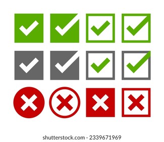 Big set of flat buttons: green check marks and red crosses on a white background. Circle and square, solid and rounded corners.