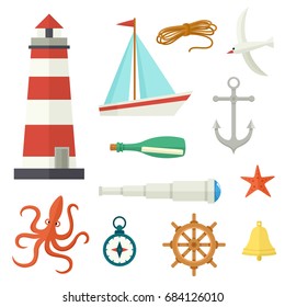 Big set of flat cartoon nautical elements lighthouse, anchor, compass, ship, rope, seagull, steering wheel, telescope, bell, letter octopus starfish vector illustration isolated on white background