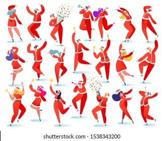 Big set of flat cartoon people characters isolated on white background they rejoice, dance, jump, have fun. Dressed in Santa Claus costumes. Masquerade with flappers, sparklers and champagne. 