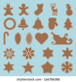 Big set of flat Christmas flat icons. New Year greeting card templates. Happy cookies holidays elements, vector 