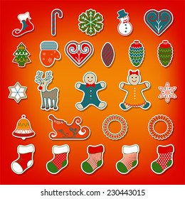 Big set of flat Christmas flat icons. New Year greeting card templates. Happy cookies holidays elements. Vector