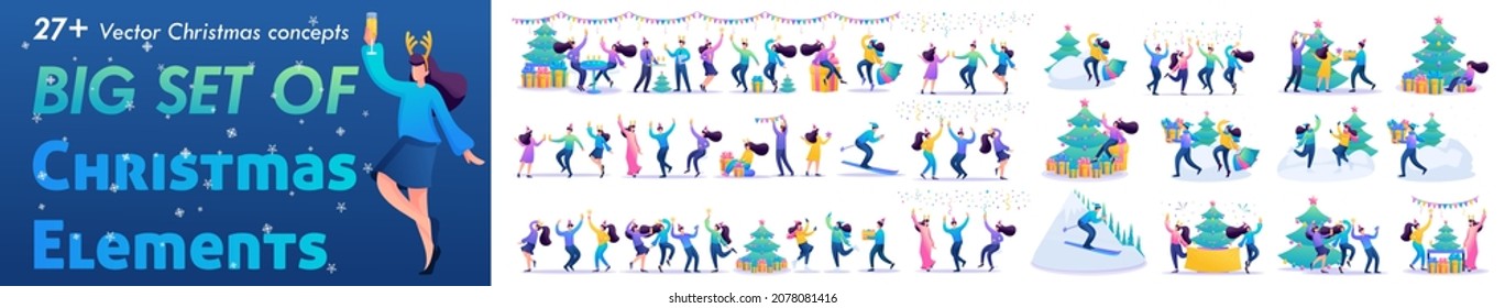 Big Set Flat Conceptos de festividades navideñas alegres. Ilustraciones de las vacaciones de Navidad, gente divirtiéndose y bailando. Para Ilustraciones vectoriales.