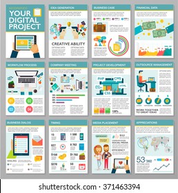 Big set of flat design infographic elements. Creating digital web project, customer service, client support, teamwork cooperation process, marketing vision, idea solution, success business management