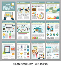 Big set of flat design infographic elements. Creating digital web project, customer service, client support, teamwork cooperation process, marketing vision, idea solution, success business management