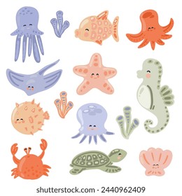 Big set of flat design with marines ocean animals