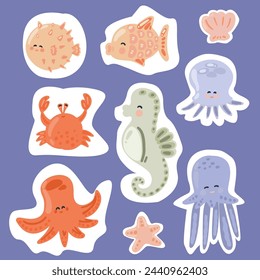 Big set with flat design ocean animals pastel colours