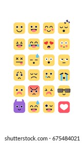 Big set with flat emoji for social media. High quality emotions icons for chat. Isolated vector illustration with smiles on white background