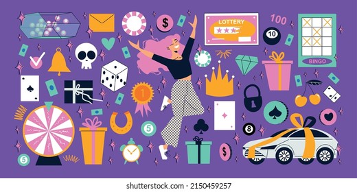 Big set of flat fortune lottery symbols with gambling and money games icons vector illustration