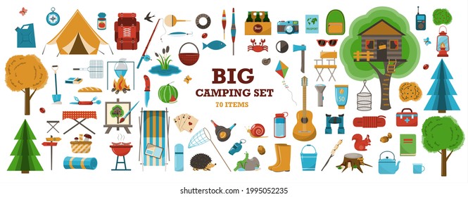 A big set of flat icons for camping. Vector cartoon illustration. Equipment for Hiking, mountaineering and camping-a set of icons and infographics. Tree house, tent, camping utensils, backpack and