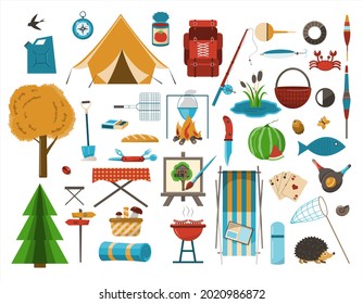 A big set of flat icons for camping. Vector cartoon illustration. Equipment for Hiking, mountaineering and camping-a set of icons and infographics. Tree house, tent, camping utensils, backpack and