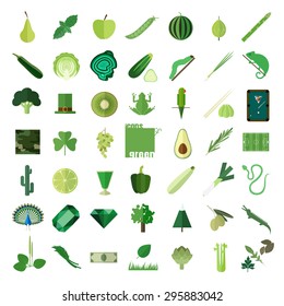 Big set of flat icons in green color.Icons of green. Objects associated with green color.