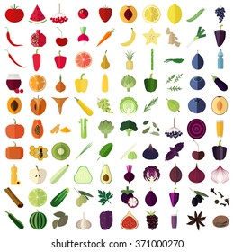 Big set of flat icons of vegetables, fruits, herbs and spices. Rainbow food. Healthy life style. Fruits and vegetables in red, orange, yellow, green, blue and purple colors.