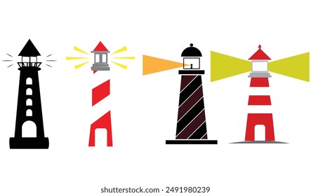 Big set of flat lighthouses isolated. lighthouse on the water against the background of the sunset. Lighthouse tower with a ray of light. Vector.