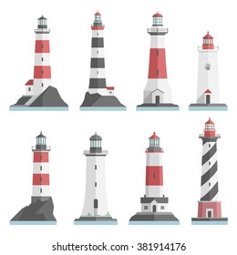 Big set flat lighthouses isolated. Red, black, white lighthouse on water. minimalism. flat buildings icon. architecture objects. old and modern. low, high, small, big lighthouse. 