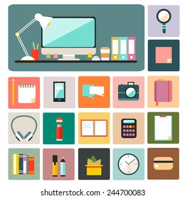 Big set of flat modern design vector illustration of office workspace, workplace, things, equipment, elements, objects, development tools. Various devices. Collection in stylish trendy colors. 