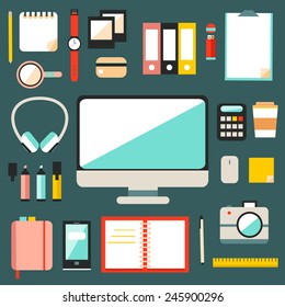 Big set of flat modern design vector illustration of office workspace, workplace, things, equipment, elements, objects, development tools. Various devices. Collection in stylish trendy colors. 