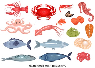 Big set of flat seafood icons.  Fish products, seafood menu flat icons big set. Vector set of icons of mussels, shrimp, squid, octopus, lobster, crabs, oysters, tuna, caviar. Vector illustration