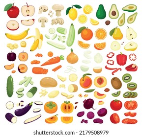 Big set of flat whole and sliced fresh fruits and vegetables with carrot tomato lemon avocado apple banana peach isolated vector illustration