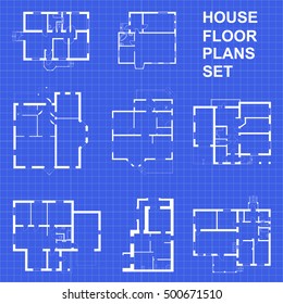 Big set of floor plans blueprints. Vector unfurnished plans for your design. House icons collection.