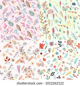 Big set of floral cute patterns with colorful rustic pastel flowers