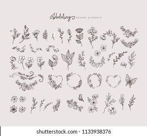 Big set of floral design elements for wedding invitation and card