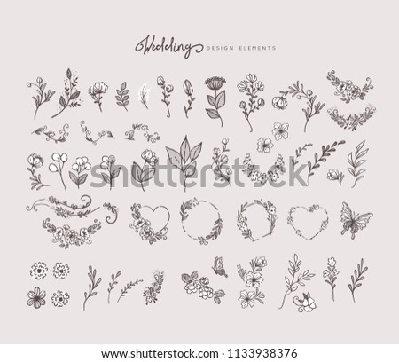 Big set of floral design elements for wedding invitation and card