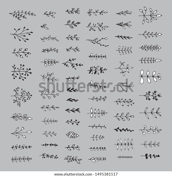 Big set of floral\
elements isolated on grey background. Hand drawn leaves for unique\
design. Doodle nature
