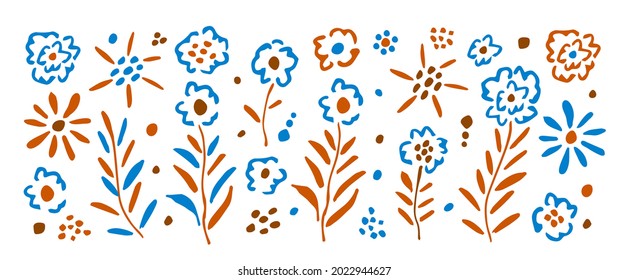 Big set of floral elements in orange blue, brown colors. Flowers, twigs, leaves, dots for creating patterns, decoration. Vector illustration.