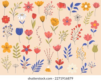 Big set of floral elements. Romantic flower collection with flowers, and leaves. Good for greeting cards or invitation design, floral poster.