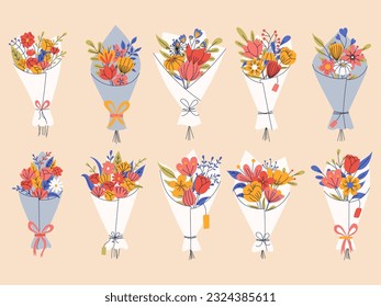 Big set of floral elements. Romantic flower collection with bouquet of flowers. Good for greeting cards or invitation design, floral poster.