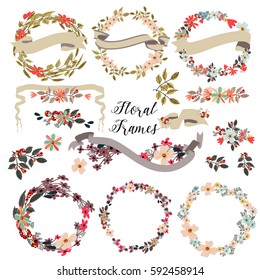 Big set of floral frames with hand drawn flowers