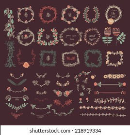 Big set of floral graphic design elements graphic, wreaths, ribbons and labels.