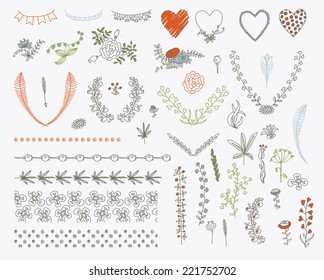 Big set of floral graphic design elements graphic, wreaths, ribbons and labels.