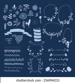 Big set of floral graphic design elements graphic, wreaths, ribbons and labels.