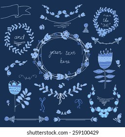 Big set of floral graphic design elements graphic, wreaths, ribbons and labels.