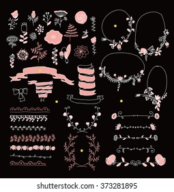 Big set of floral graphic design elements graphic, wreaths, ribbons and labels.  gold, black, pink colors