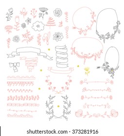 Big set of floral graphic design elements graphic, wreaths, ribbons and labels.  gold, black, pink colors