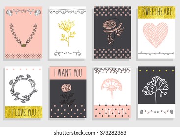 Big set of floral graphic design elements graphic, wreaths, ribbons and labels. for greeting card. gold, black, pink colors