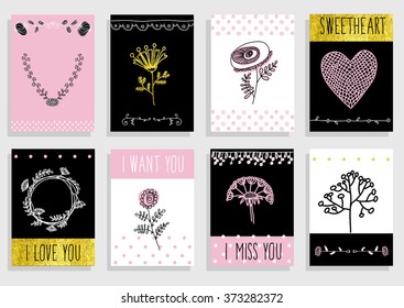 Big set of floral graphic design elements graphic, wreaths, ribbons and labels. for greeting card. gold, black, pink colors