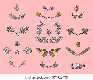 Big set of floral graphic design elements graphic, wreaths, ribbons and labels.  gold, black, pink colors