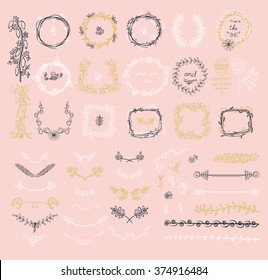 Big set of floral graphic design elements graphic, wreaths, ribbons and labels.  gold, black, pink colors