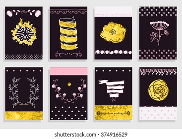 Big set of floral graphic design elements graphic, wreaths, ribbons and labels.  gold, black, pink colors