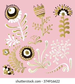 Big set of floral graphic design elements graphic, wreaths, ribbons and labels.  gold, black, pink colors