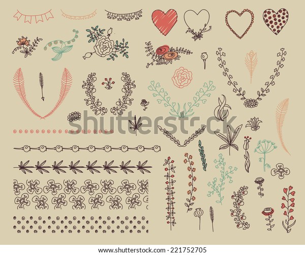 Big set of floral graphic design elements\
graphic, wreaths, ribbons and\
labels.