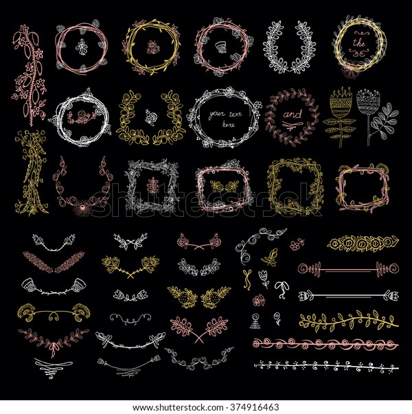 Big set of floral\
graphic design elements graphic, wreaths, ribbons and labels. \
gold, black, pink colors