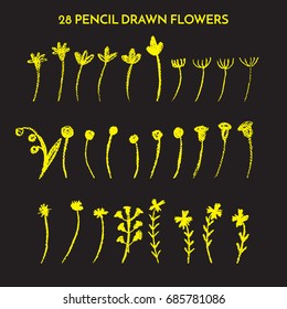 a big set of floral and herbal elements; hand made by pencils; trendy cartoon illustration style; chalk pencil effect; yellow flowers isolated on black